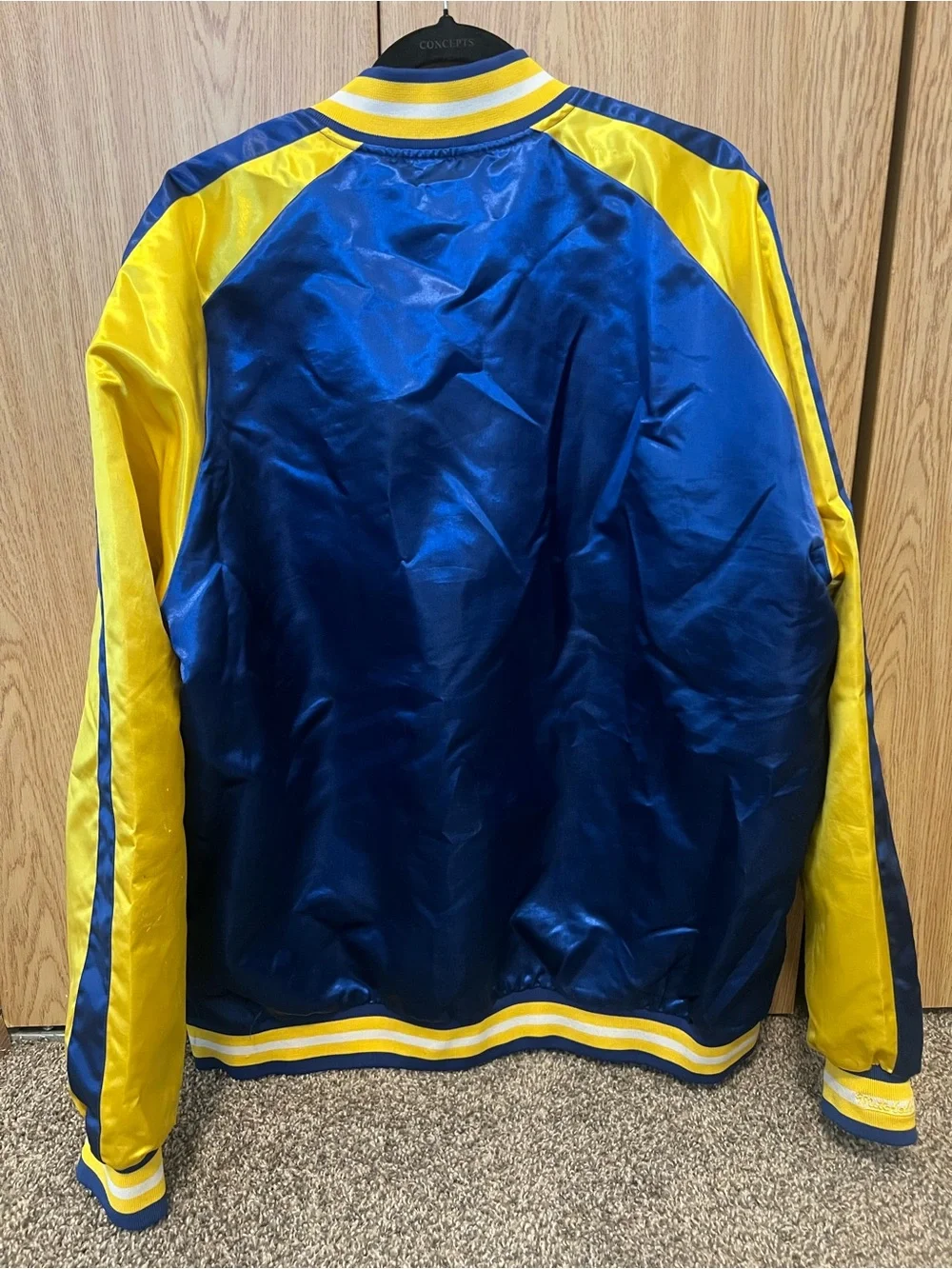 Mitchell & Ness Blue and Yellow Satin Varsity Bomber Jacket